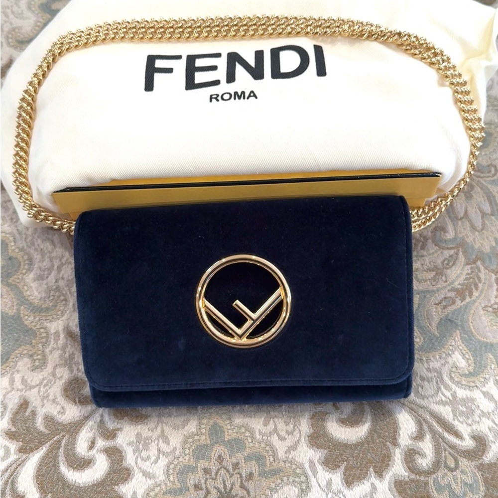 Fendi Navy Blue Velvet Chain Clutch